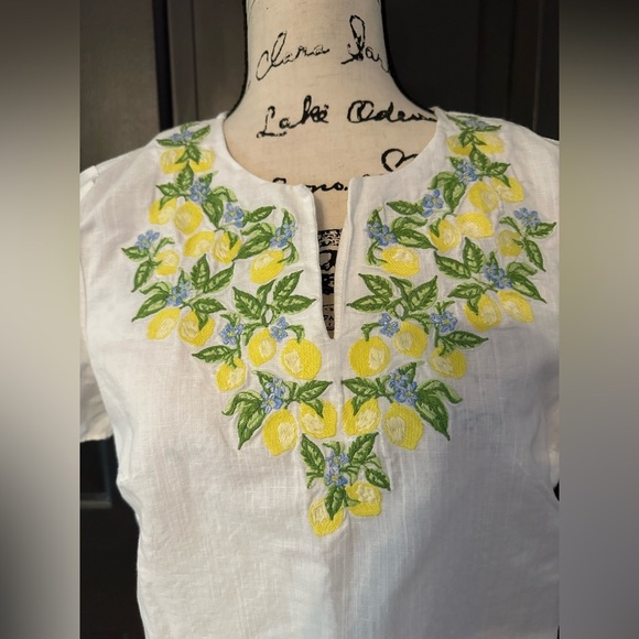 Talbots Small Linen Embroidered Lemons Tie Short Sleeve Top Linen blended  (b5 - Picture 3 of 8